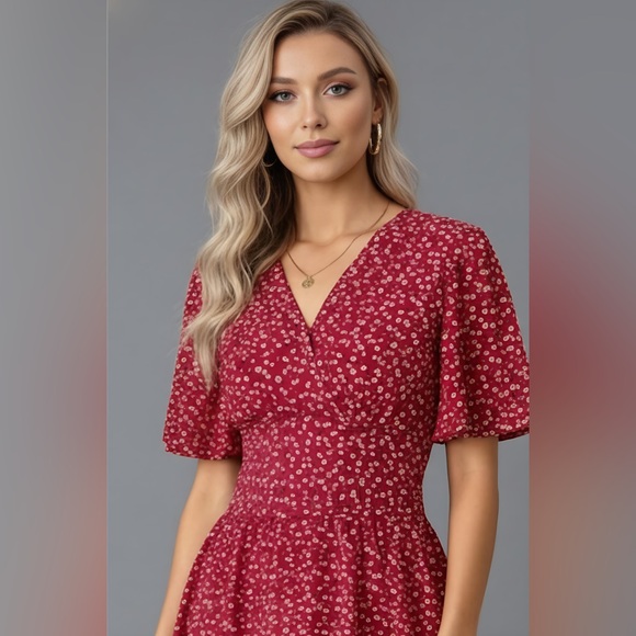 Heart Pattern Ruffle Sleeve Dress Red - Picture 2 of 9